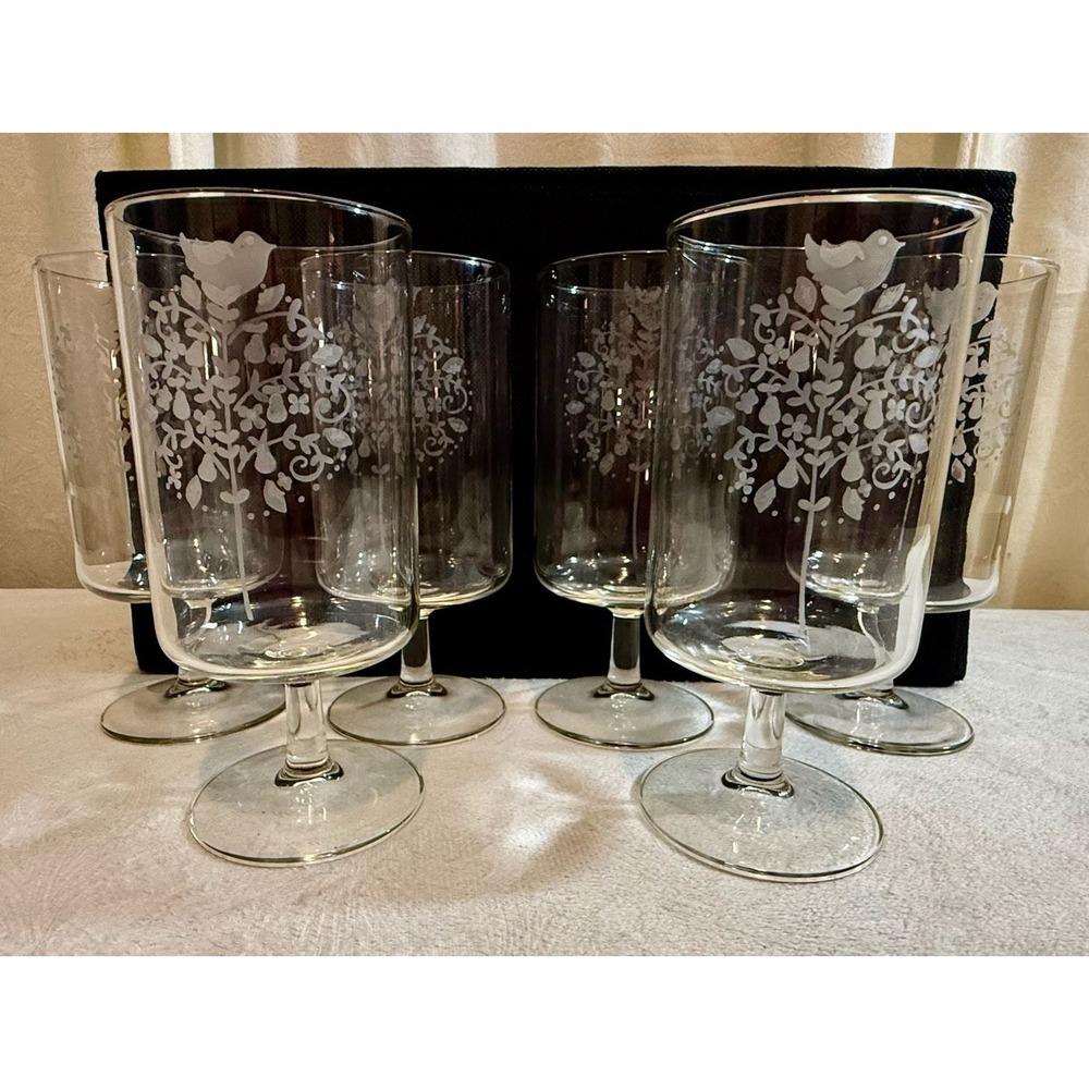 Set of 6 Georg Jensen Etched Partridge in a Pear Tree Stemmed Glasses